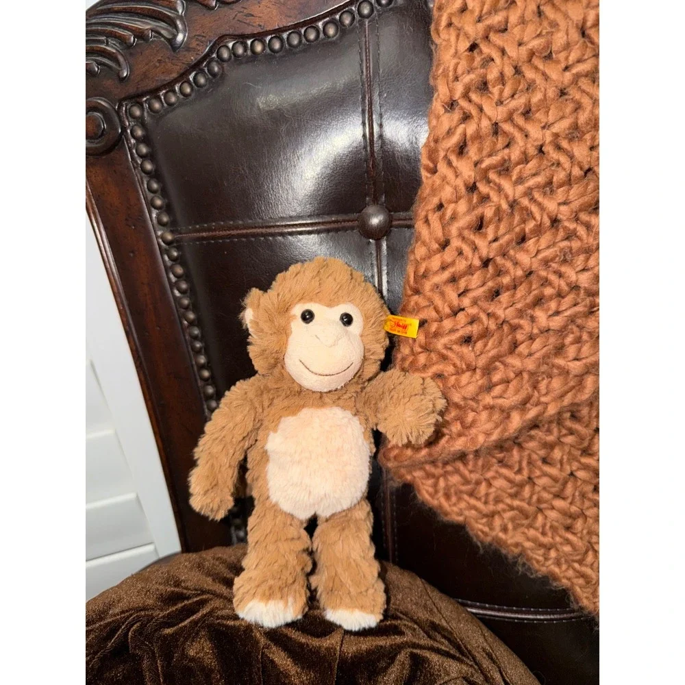 Steiff Bingo Monkey Plush Stuffed Animal Brown Cream Button in Ear 8 inch